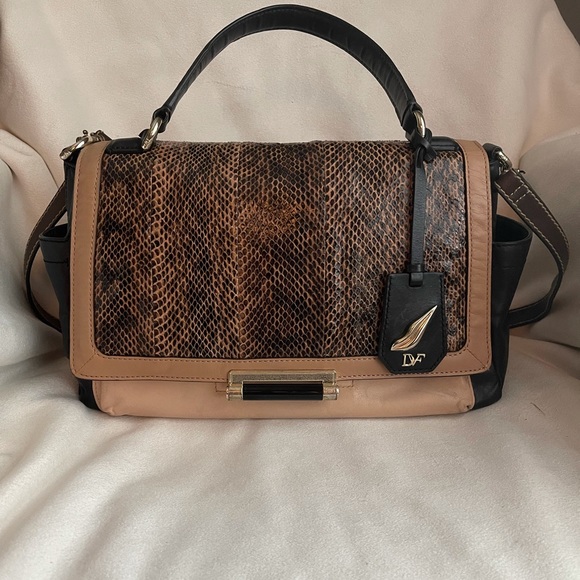 DVF Genuine Leather Snakeskin Print Satchel Bag - Black & Tan - Picture 2 of 16